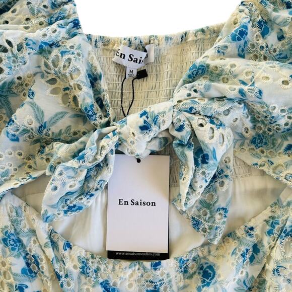 En Saison Claire Floral Blue Eyelet Open Front Long Sleeve Mini Dress Sz Medium - Picture 3 of 11